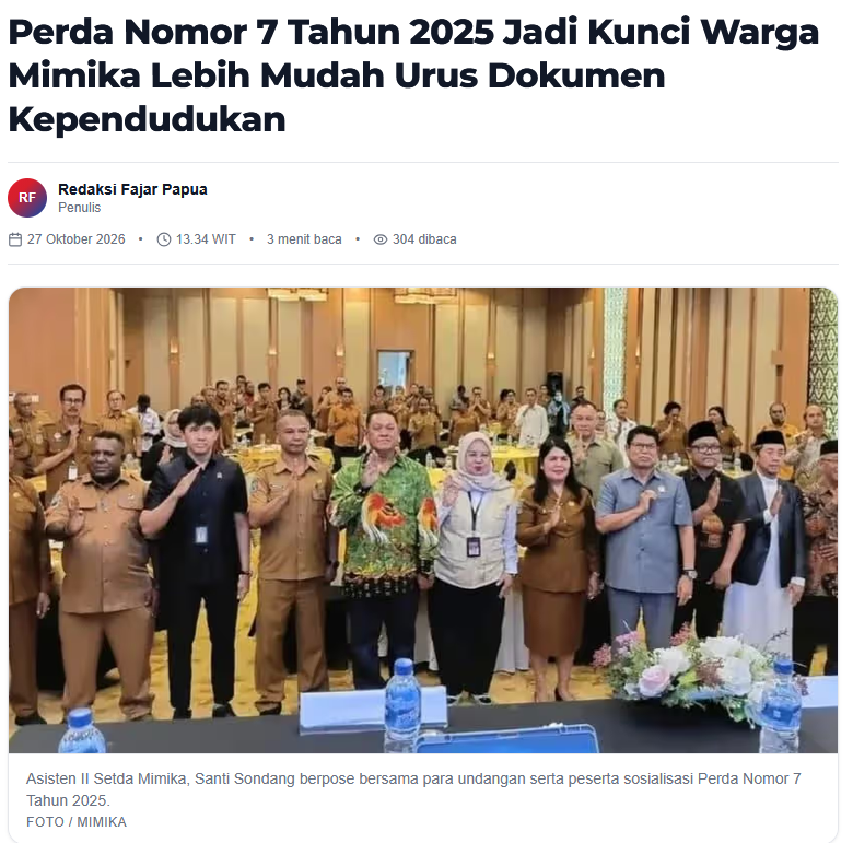 Perda Nomor 7 Tahun 2025 Jadi Kunci Warga Mimika Lebih Mudah Urus Dokumen Kependudukan